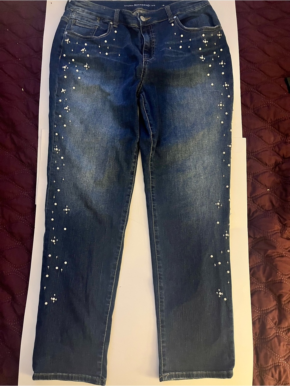 Chico's Dark Blue Straight Leg Jeans with Pearl & Stud Accents
